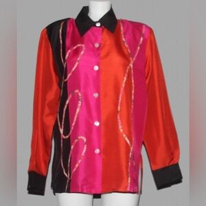 KOOS of course! Colorblock Button Front Nubby Silk Blouse plus size 1X